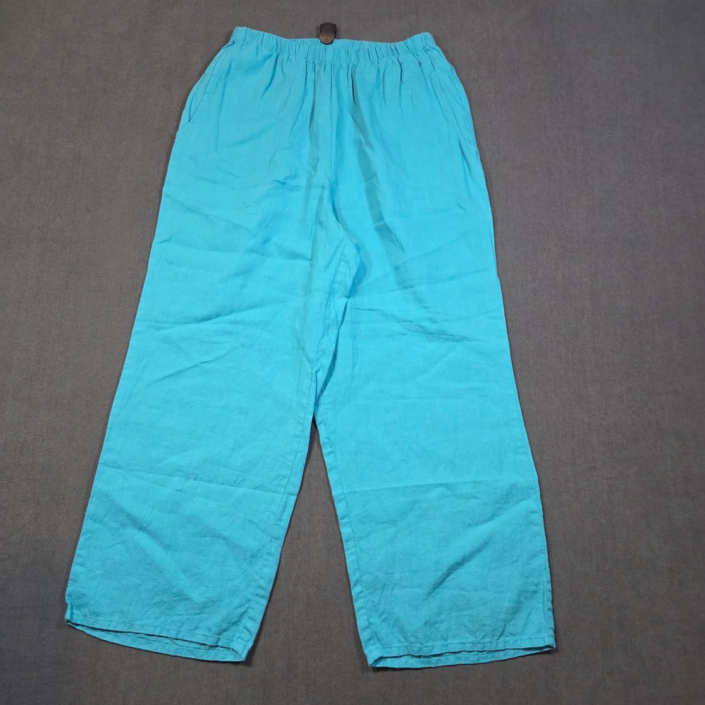 FLAX Linen Wide Leg Pants Womens P Turquoise Blue Elastic Waist Casual Pockets
